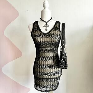 Vintage Y2K Black Lace Dress Sheer Grunge‎ Victorian Gothic Dark Academia Small